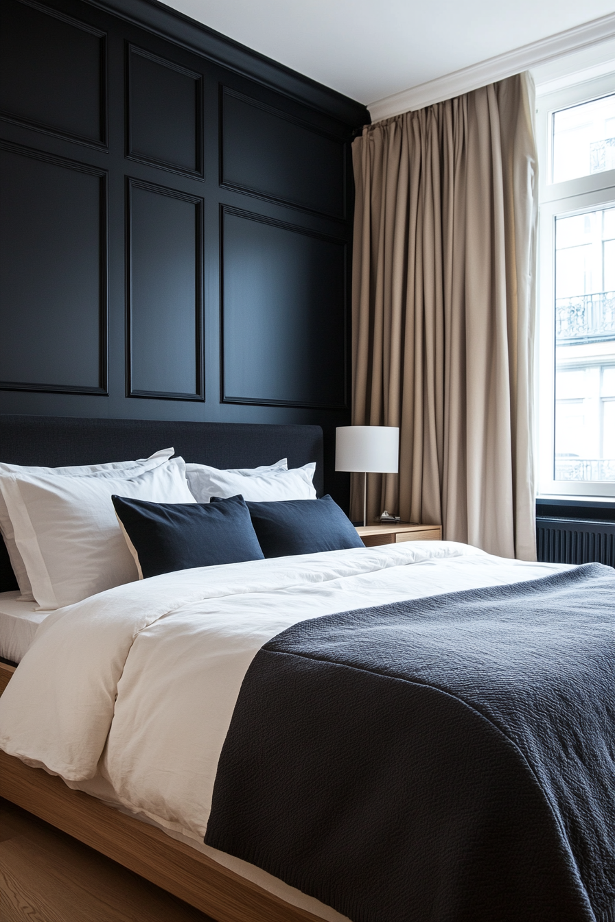Minimalist black and white bedroom with subtle shimmering accents