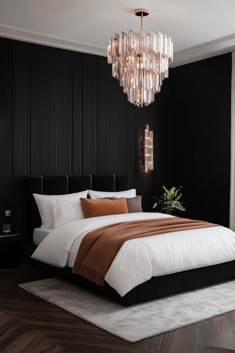 Noir minimalist bedroom with black and white contrast