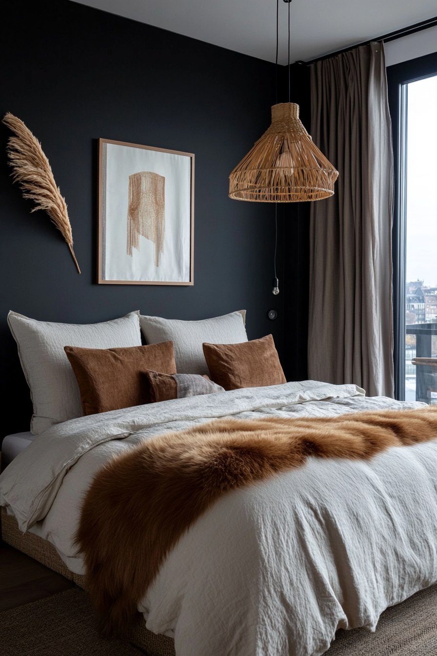 Deep gray walls with silky bedding and soft layers for a luxurious feel