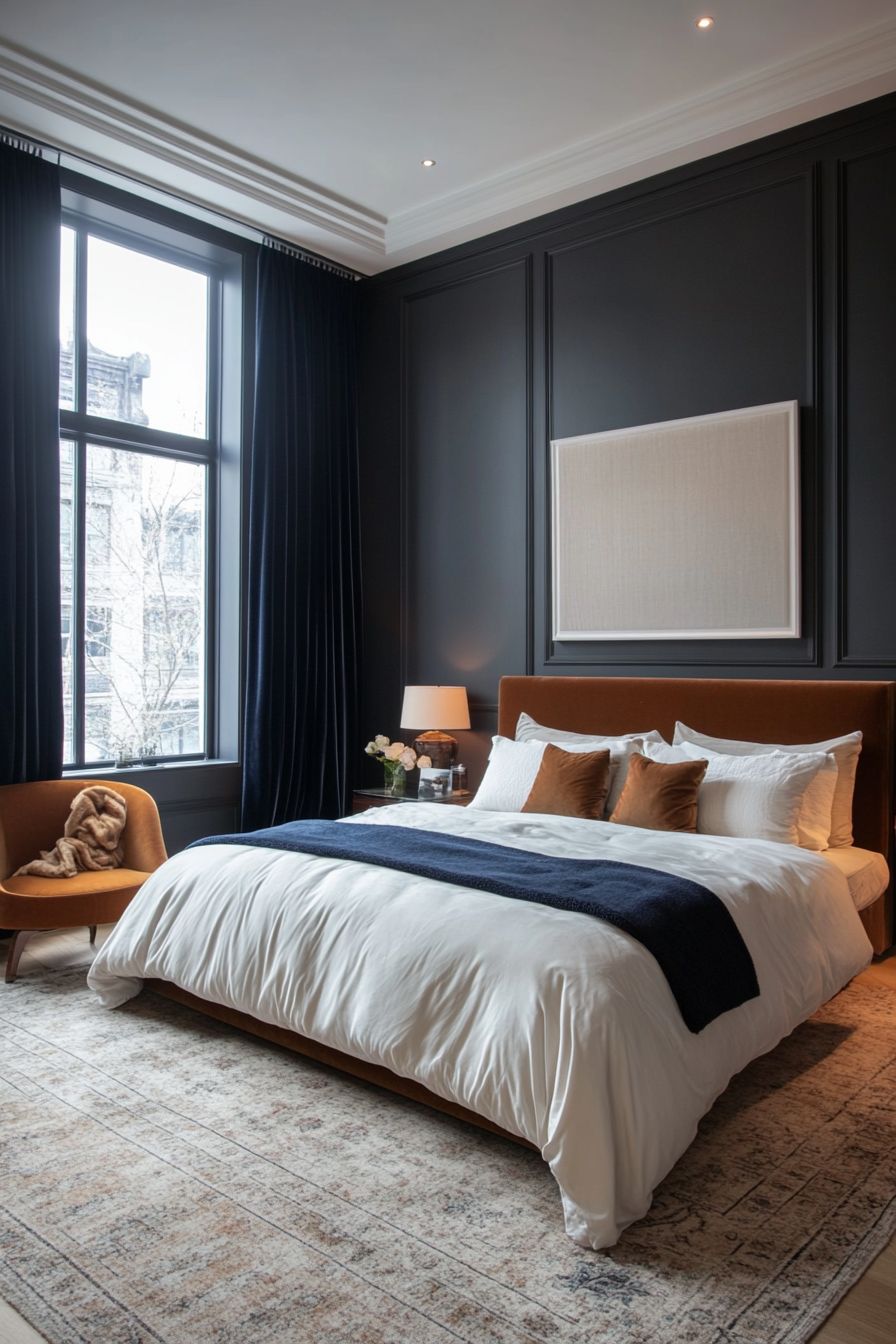 Bedroom with deep gray walls and silky layers