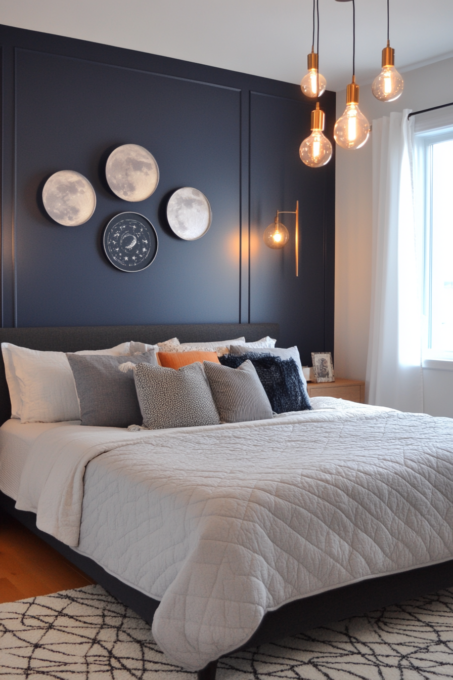 Navy walls with silver accents and moon-inspired details