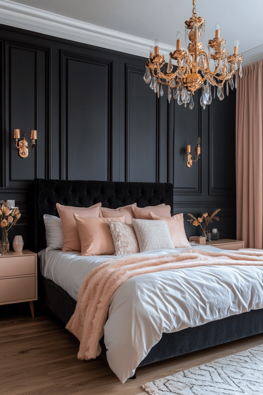 Blush pink and black bedroom with elegant accents