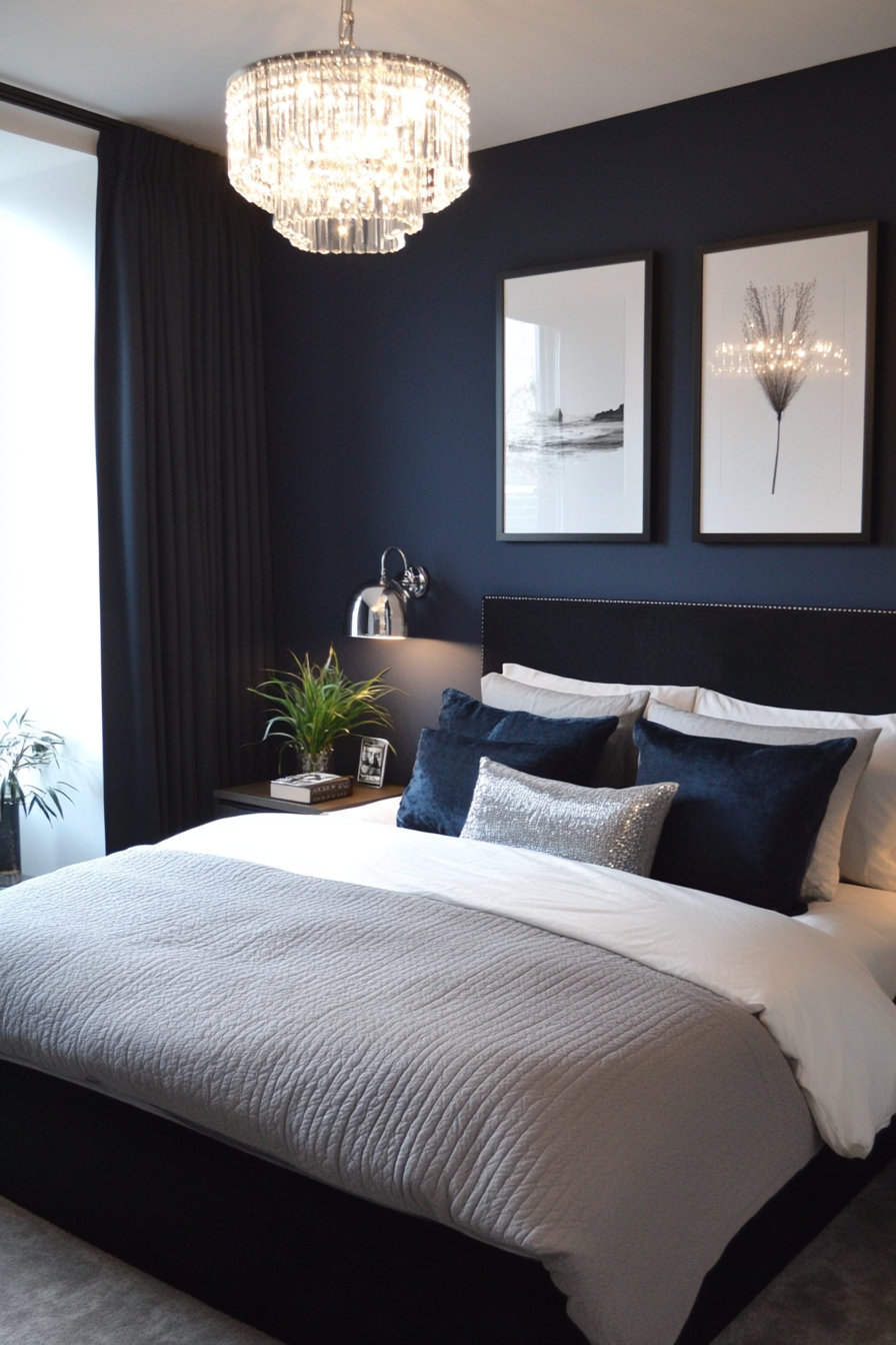 Midnight blue walls with a shimmering silver chandelier for a moody look