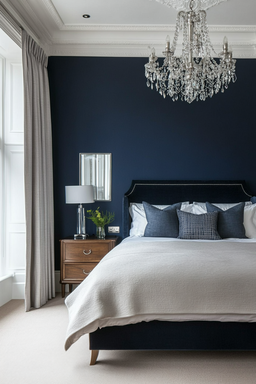 Midnight blue bedroom with silver accents and crystal chandelier