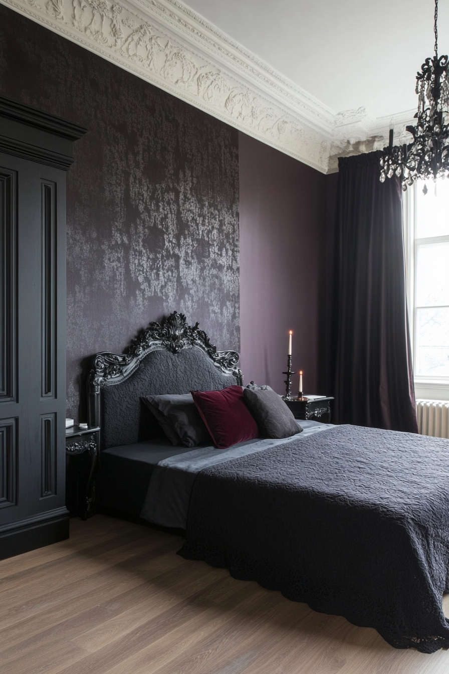 Gothic bedroom with purple walls and lace details