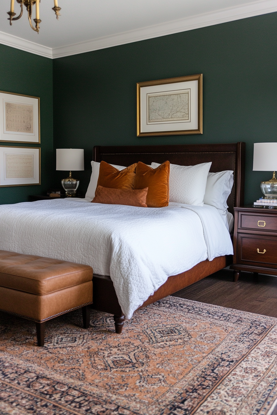 Bedroom with emerald green walls and dark wood furniture