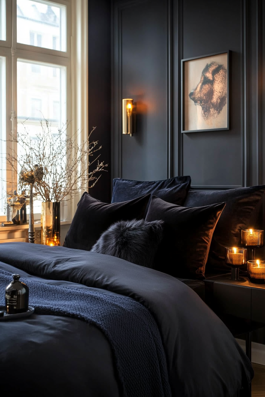 Black satin bedding with plush textures for a sultry noir-inspired look