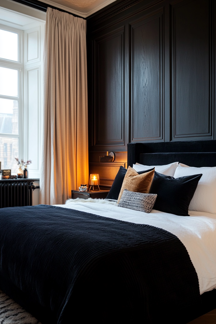Noir bedroom with black satin and luxurious textures