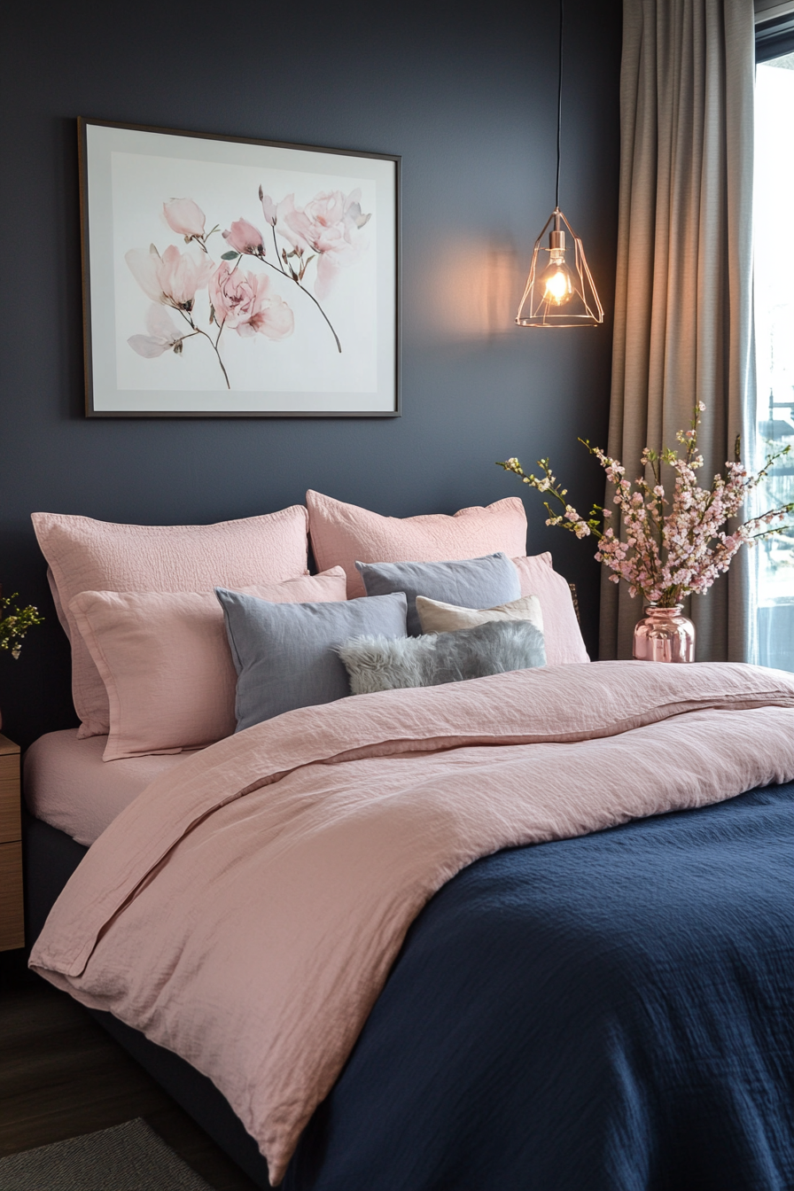 Charcoal walls with rose gold accents for a modern and dramatic look