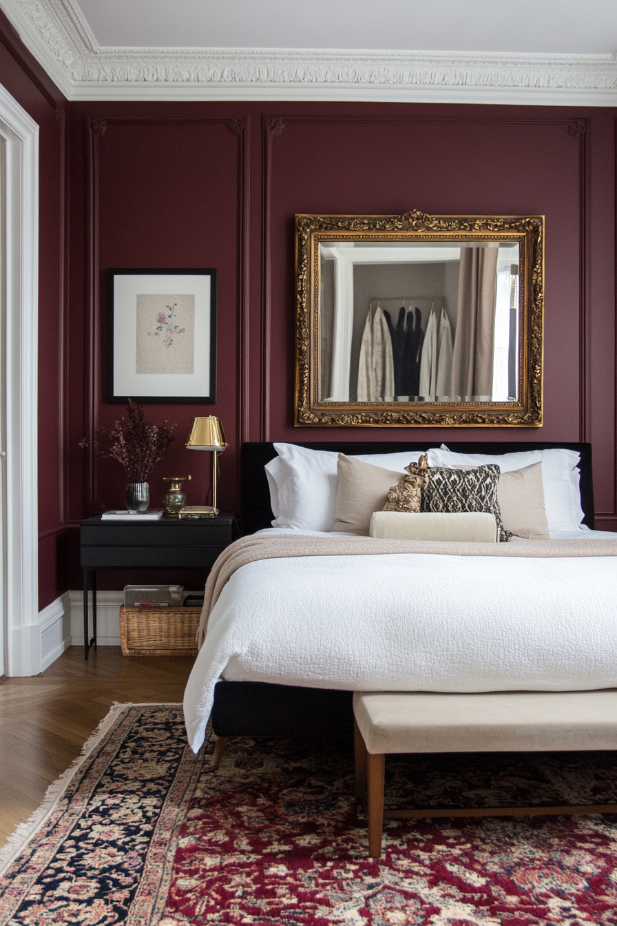 Burgundy walls with an antique mirror as the centerpiece for a romantic vibe