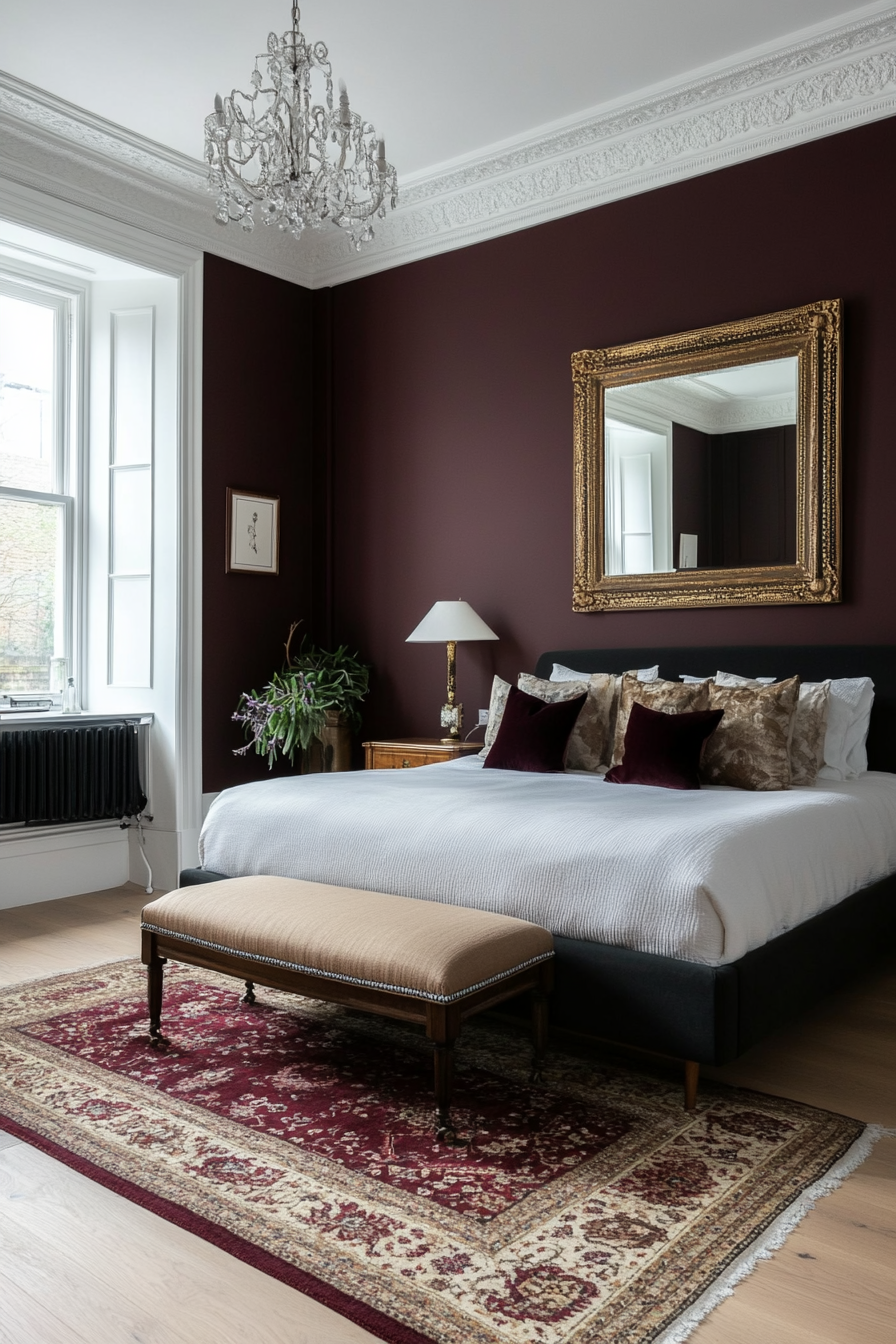 Burgundy bedroom with antique mirror centerpiece