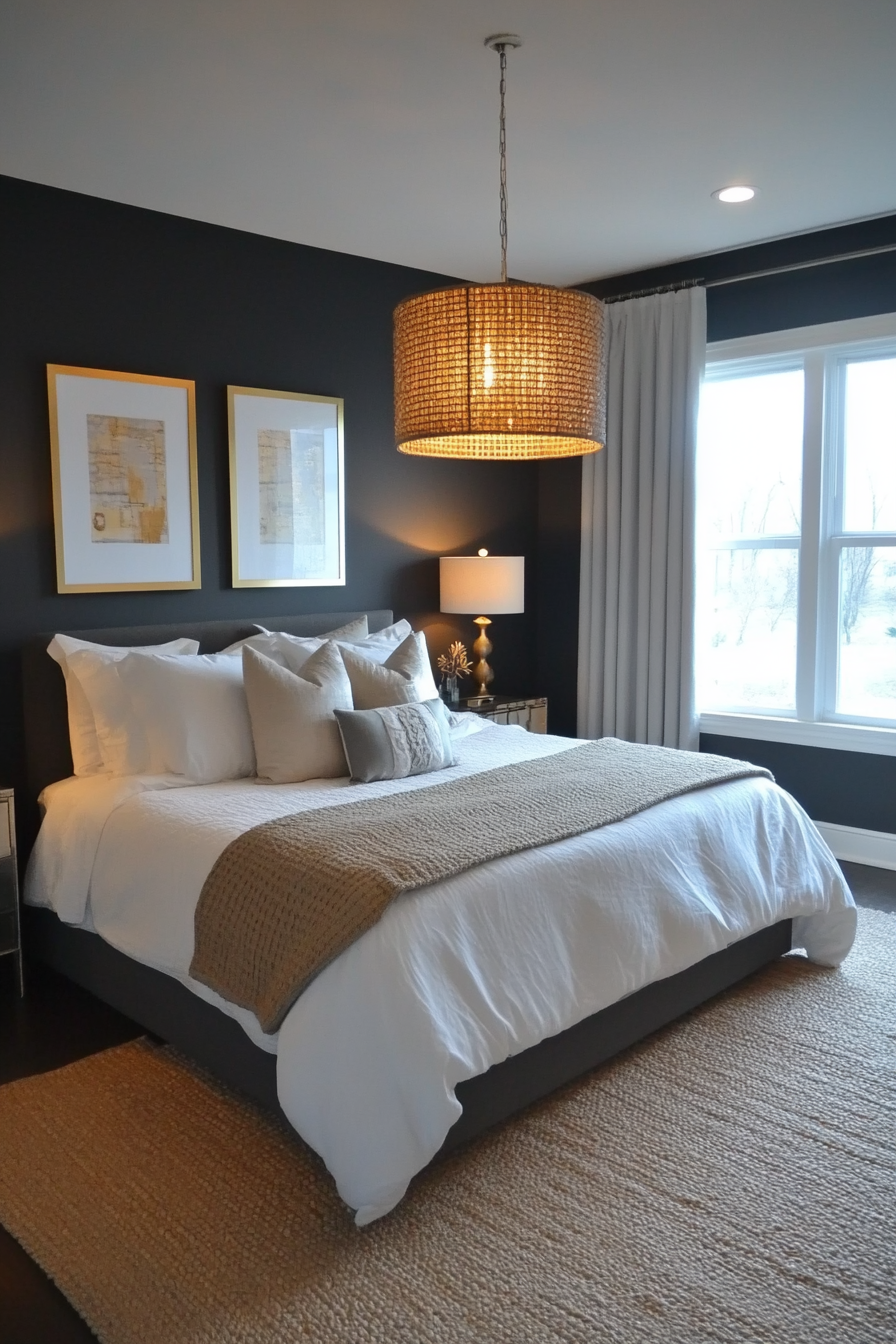 Smoky gray walls paired with metallic gold and silver accents for a luxe look