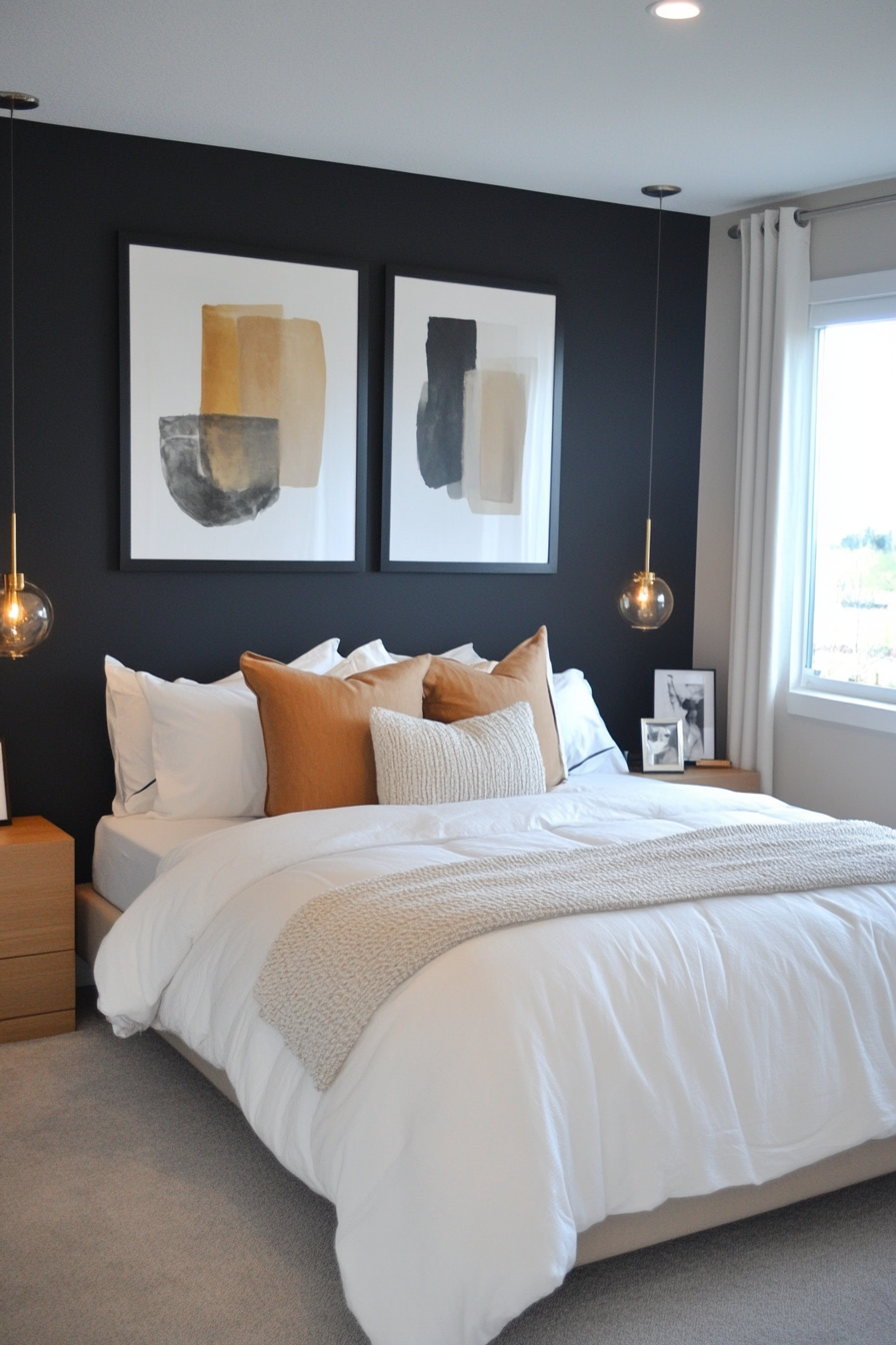 Smoky gray bedroom with metallic accents