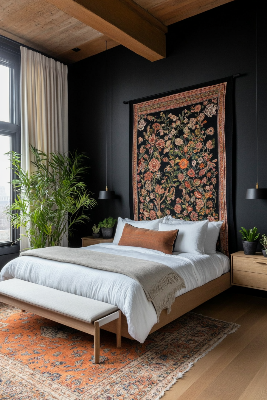 Black walls with a colorful floral tapestry for a bold, garden-inspired theme