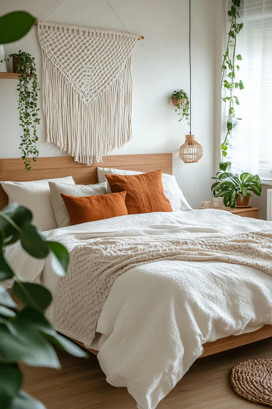 Clay-toned bedroom with macramé accents