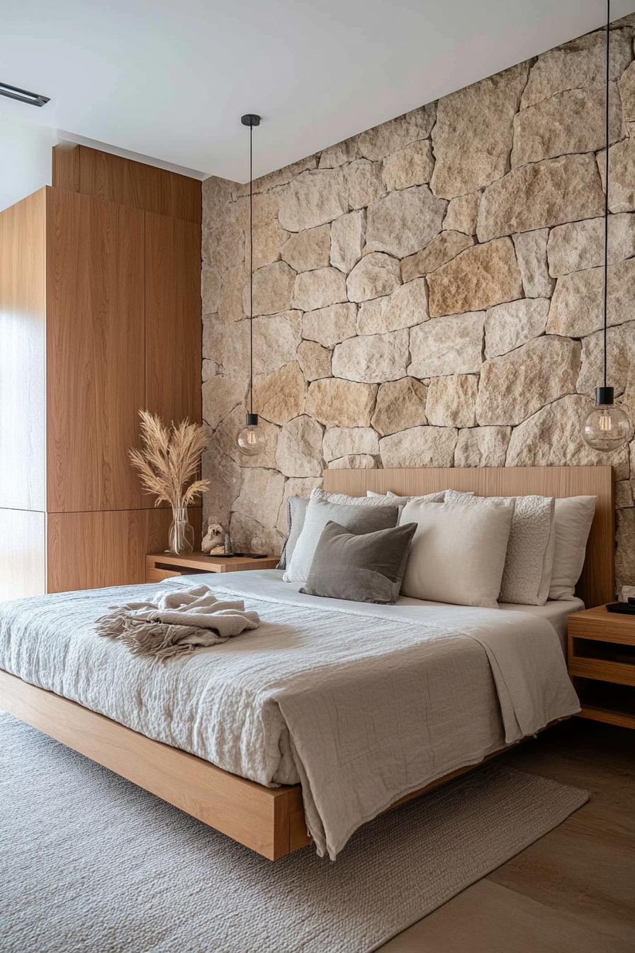Stone texture wallpaper with minimalist wooden furniture