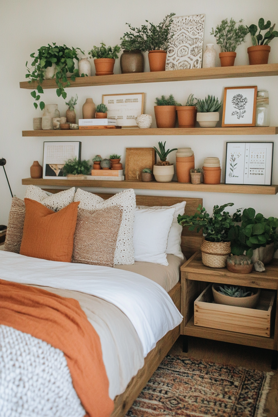 Wood shelving with earthy ceramics