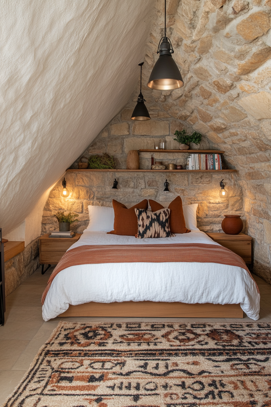 Stone and terracotta accents in earthy bedroom