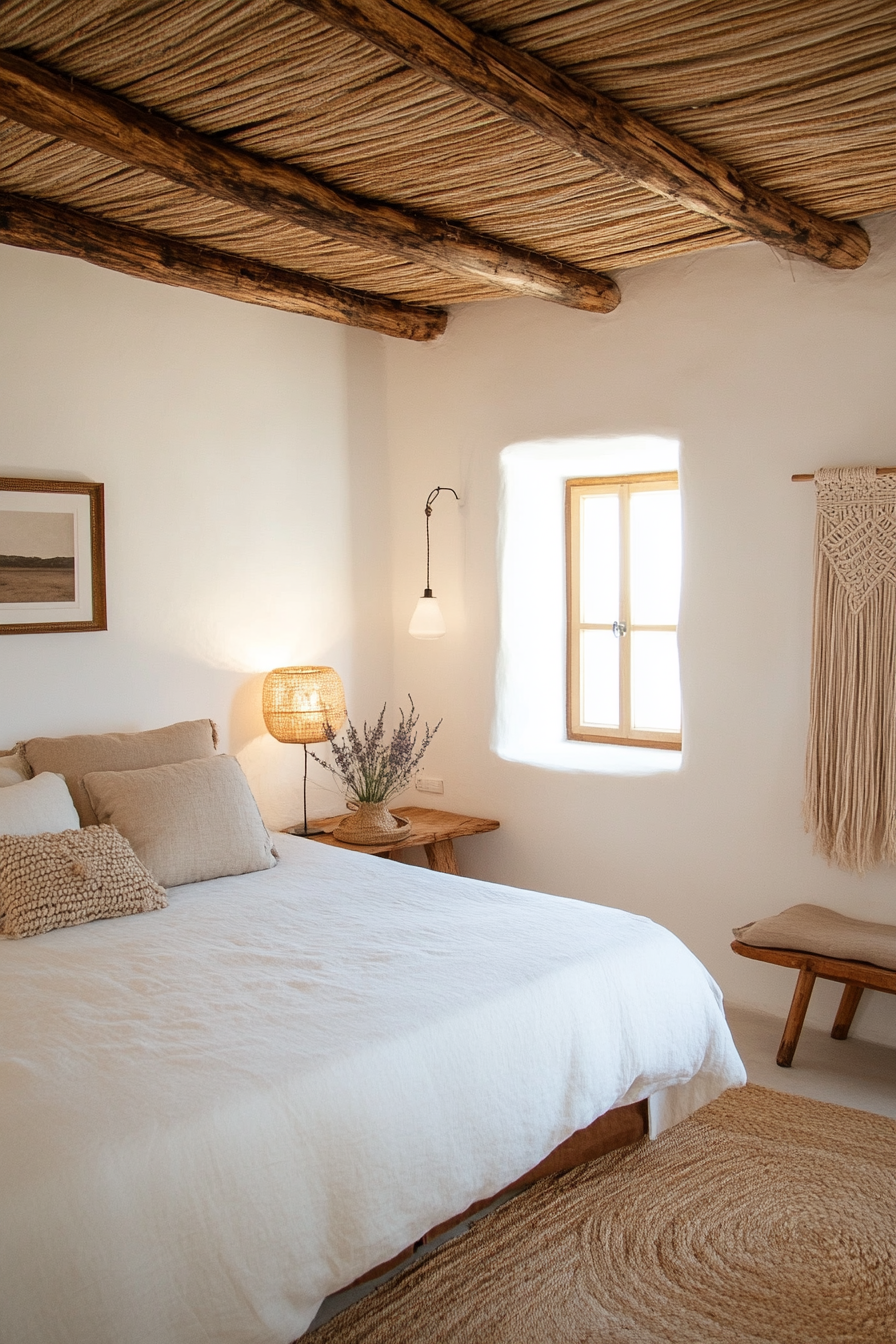 Layered hemp and linen bedroom design