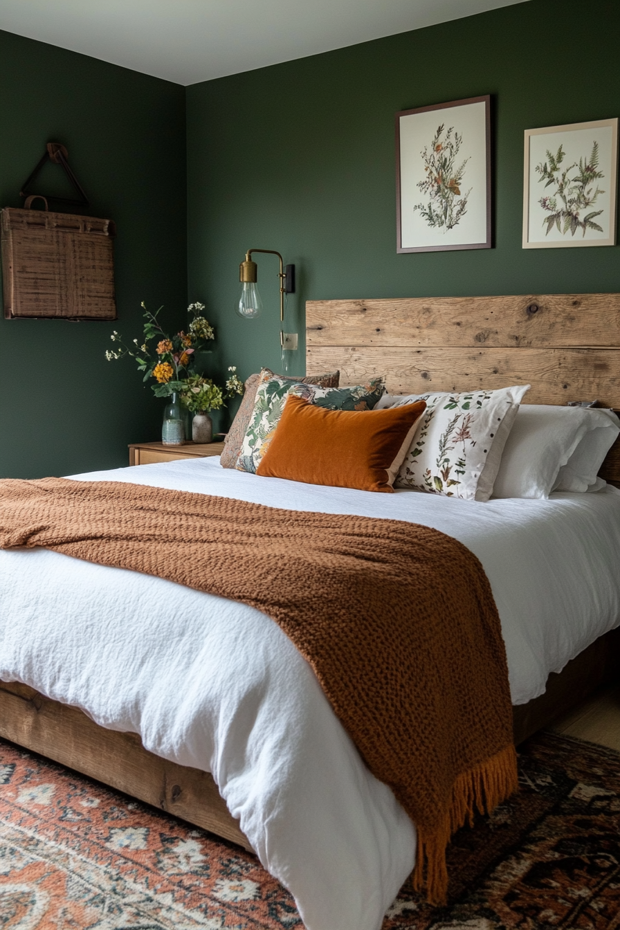 Reclaimed wood headboard with forest colors
