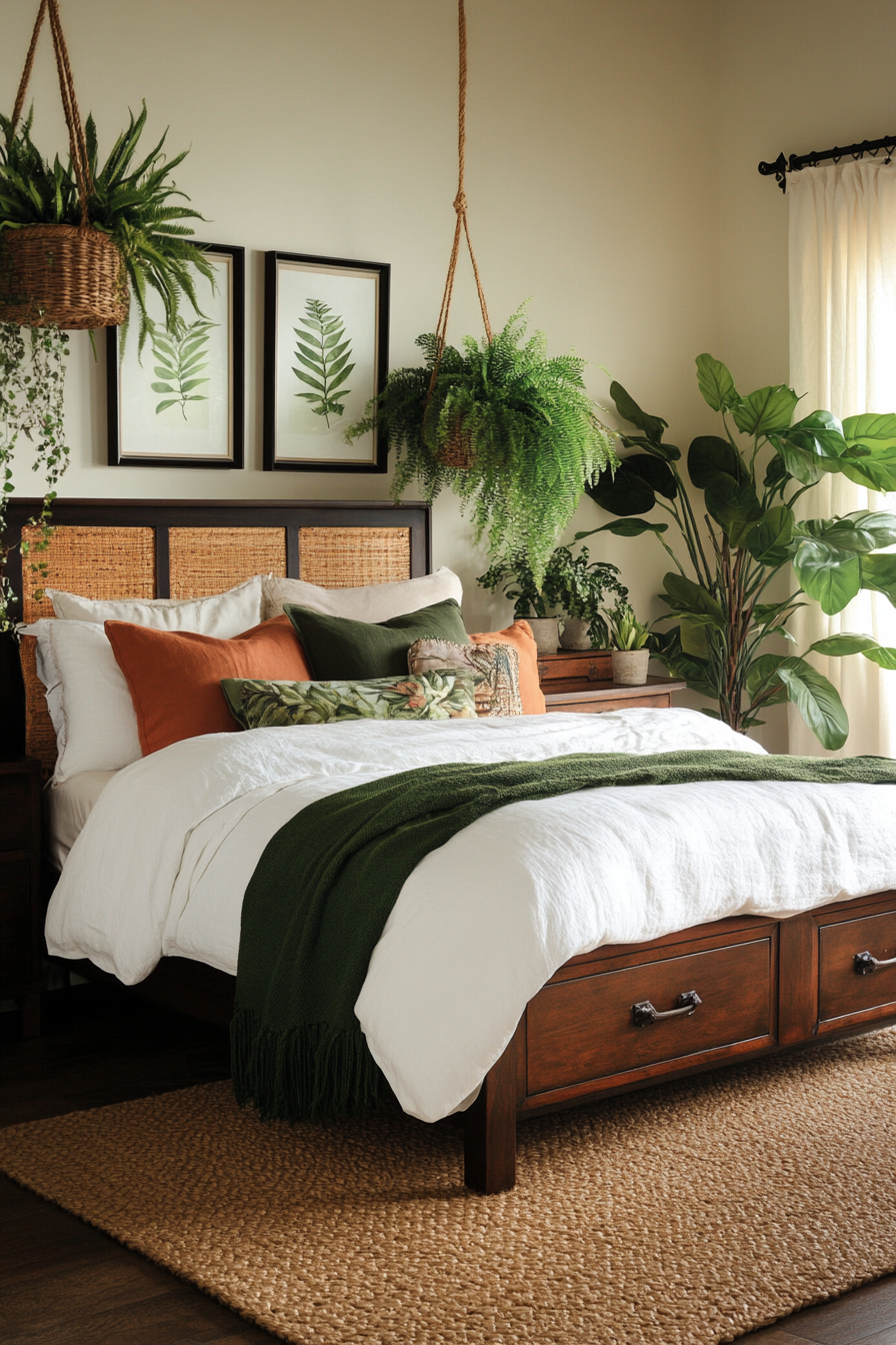 Botanical throw pillows on a clay-toned bed