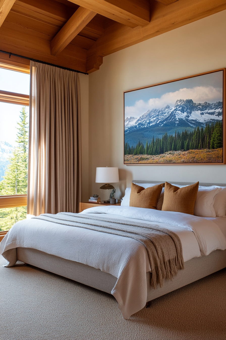 Raw silk curtains and mountain artwork