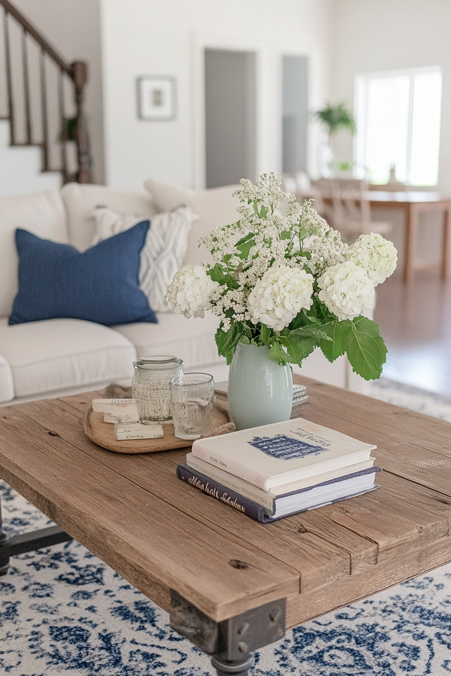Weathered wood coffee table with metal accents in a cozy farmhouse living room