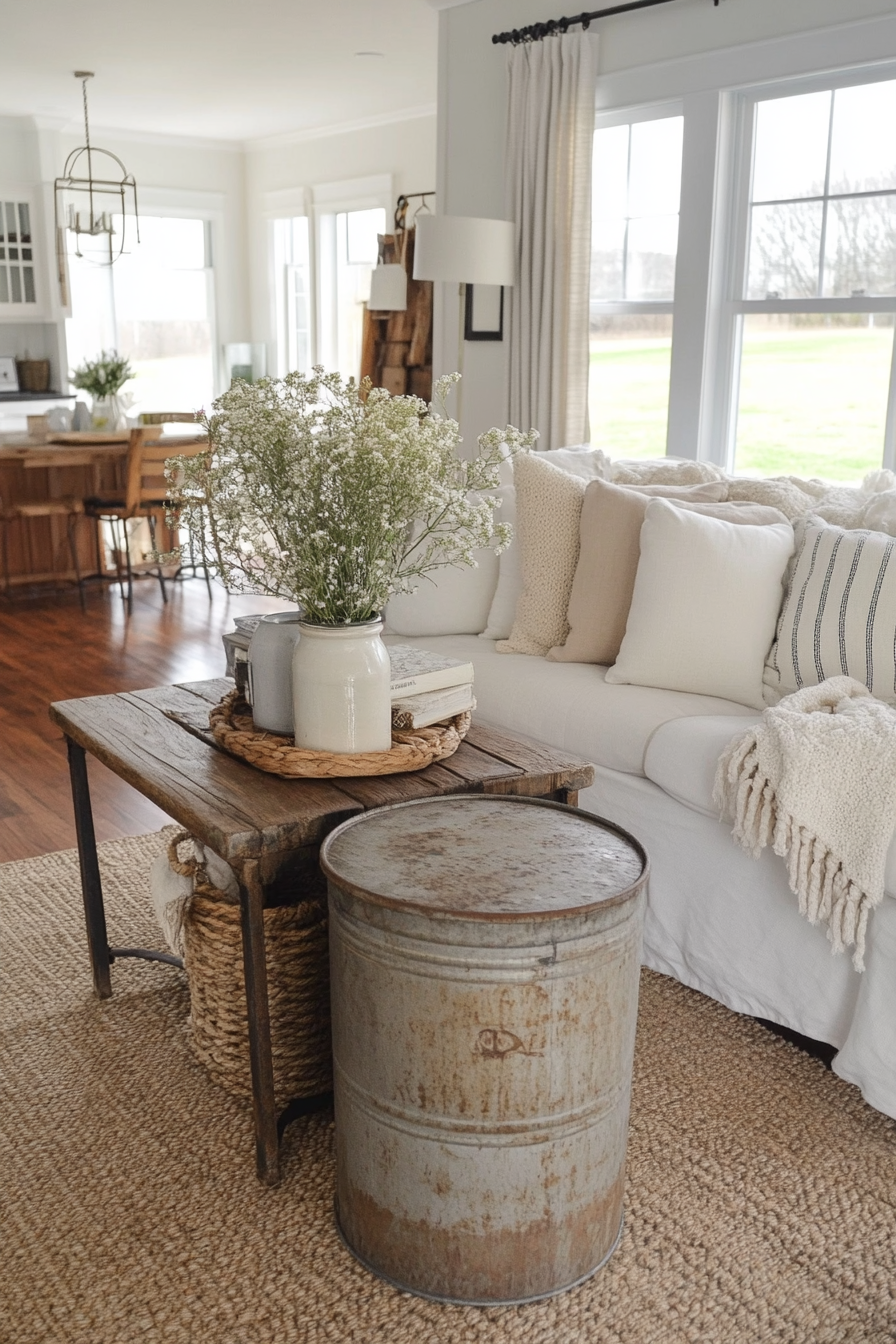 Close-up of antique milk can repurposed as side table