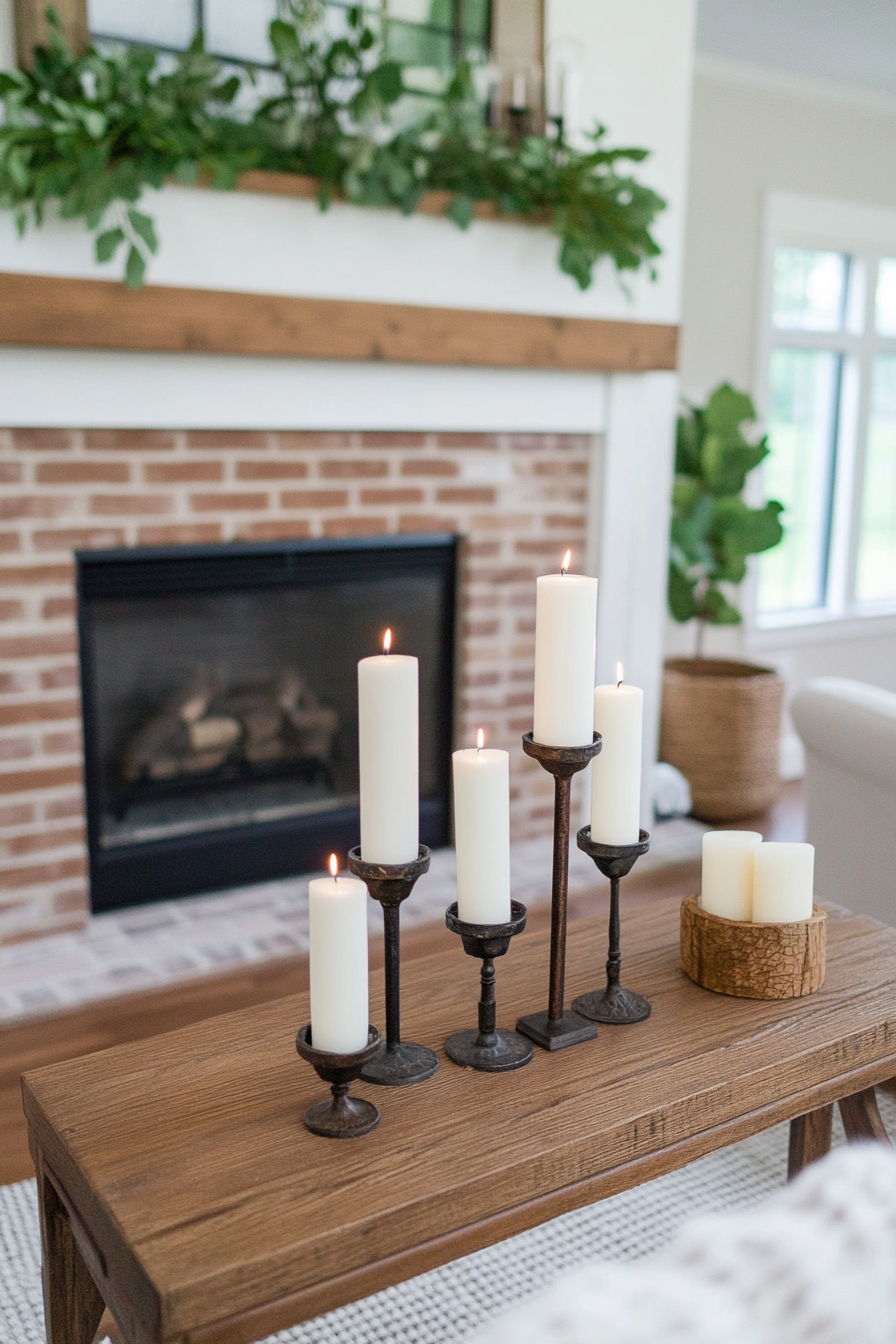 Wrought iron candle holders on a farmhouse mantel