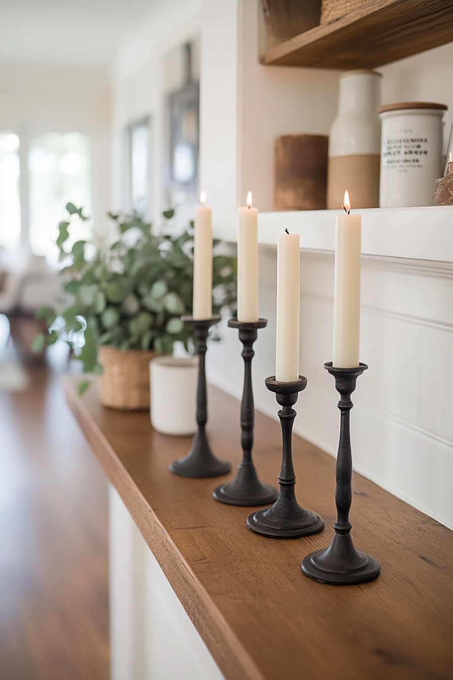 Close-up of wrought iron candle holders on mantel