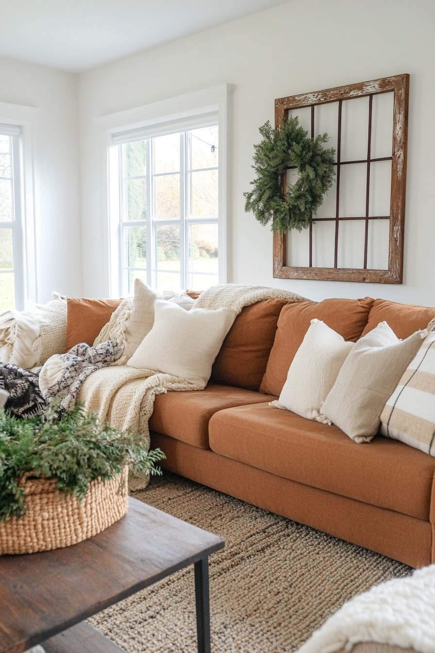 Large vintage window frame repurposed as wall art in a farmhouse living room