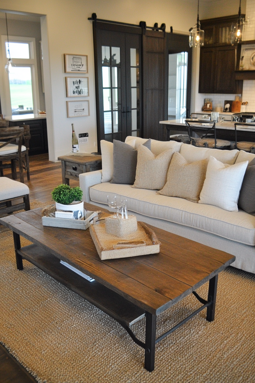 Burlap and cotton mix throw pillows styled on a farmhouse sofa