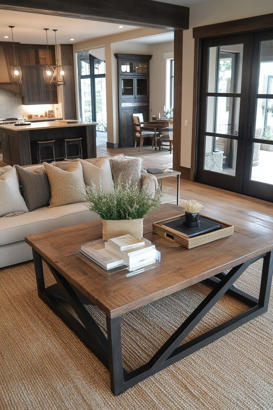 Close-up of burlap and cotton throw pillows on a farmhouse sofa