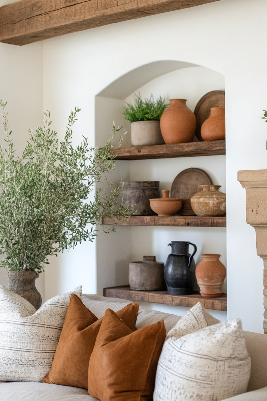 Reclaimed wood beam repurposed as a floating shelf in a farmhouse living room