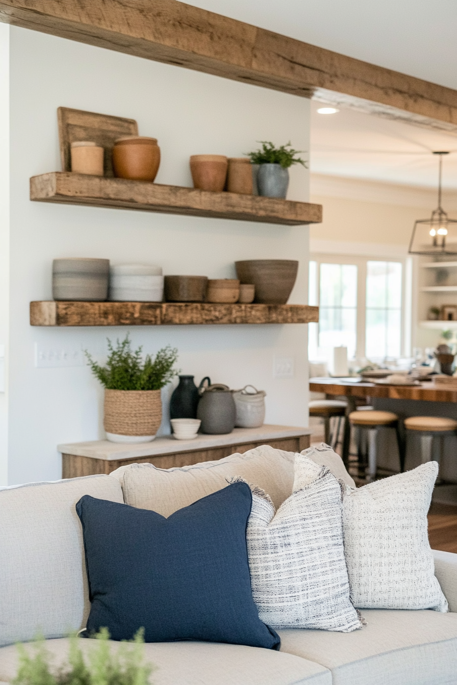 Close-up of reclaimed wood beam styled as a floating shelf