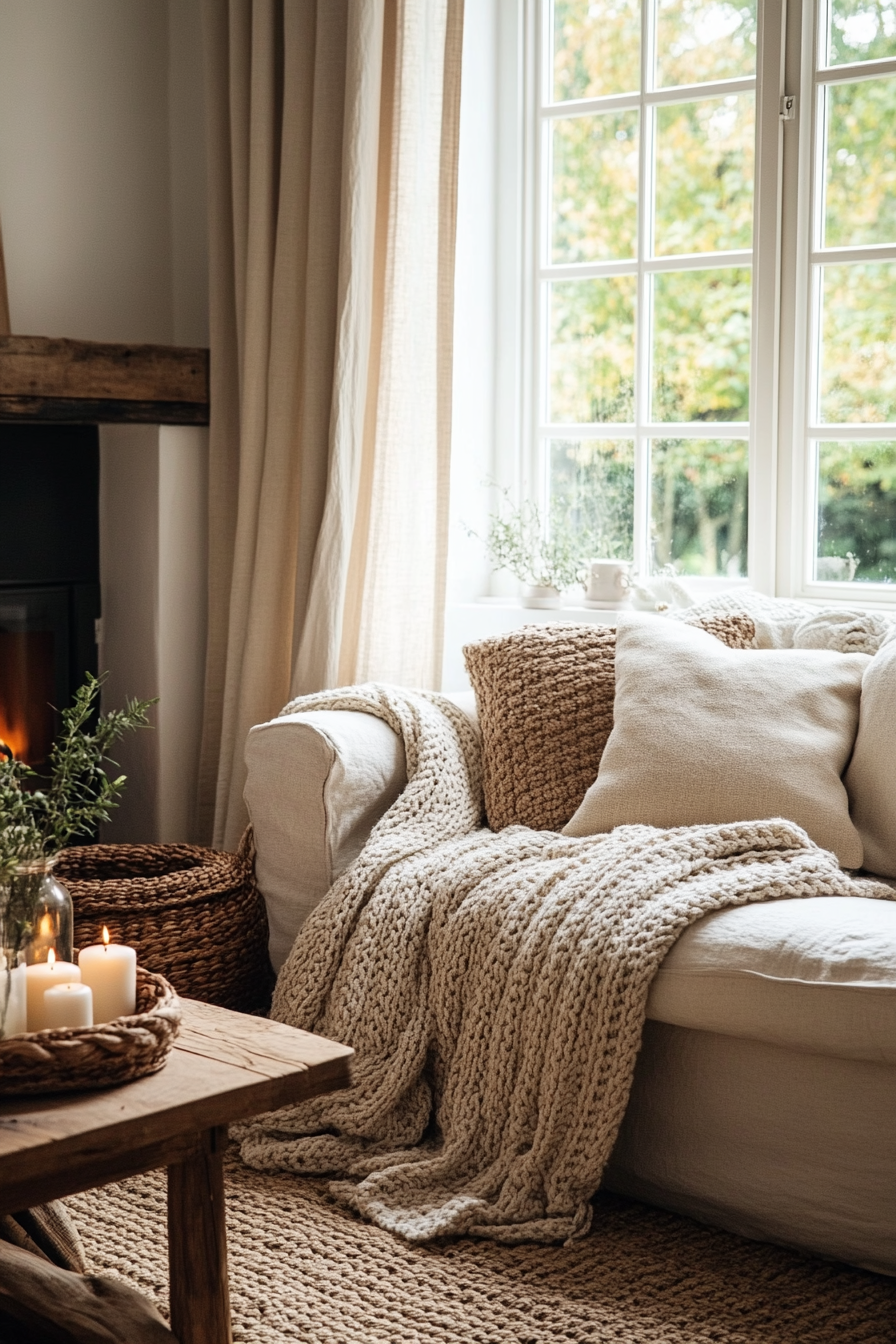 Farmhouse living room with a neutral color palette and layered textures