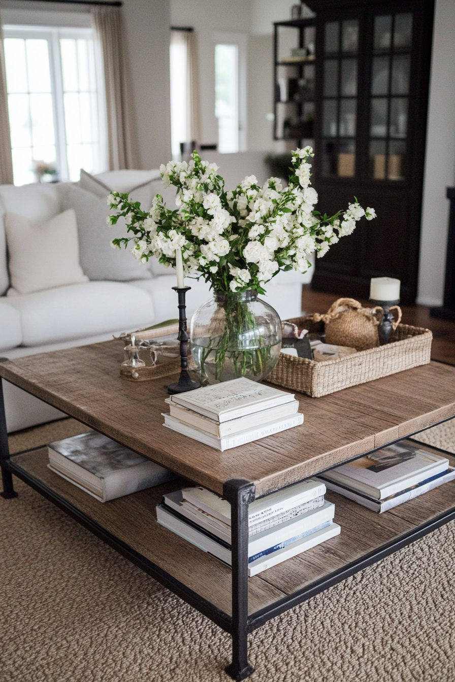 Weathered wood coffee table styled with rustic decor