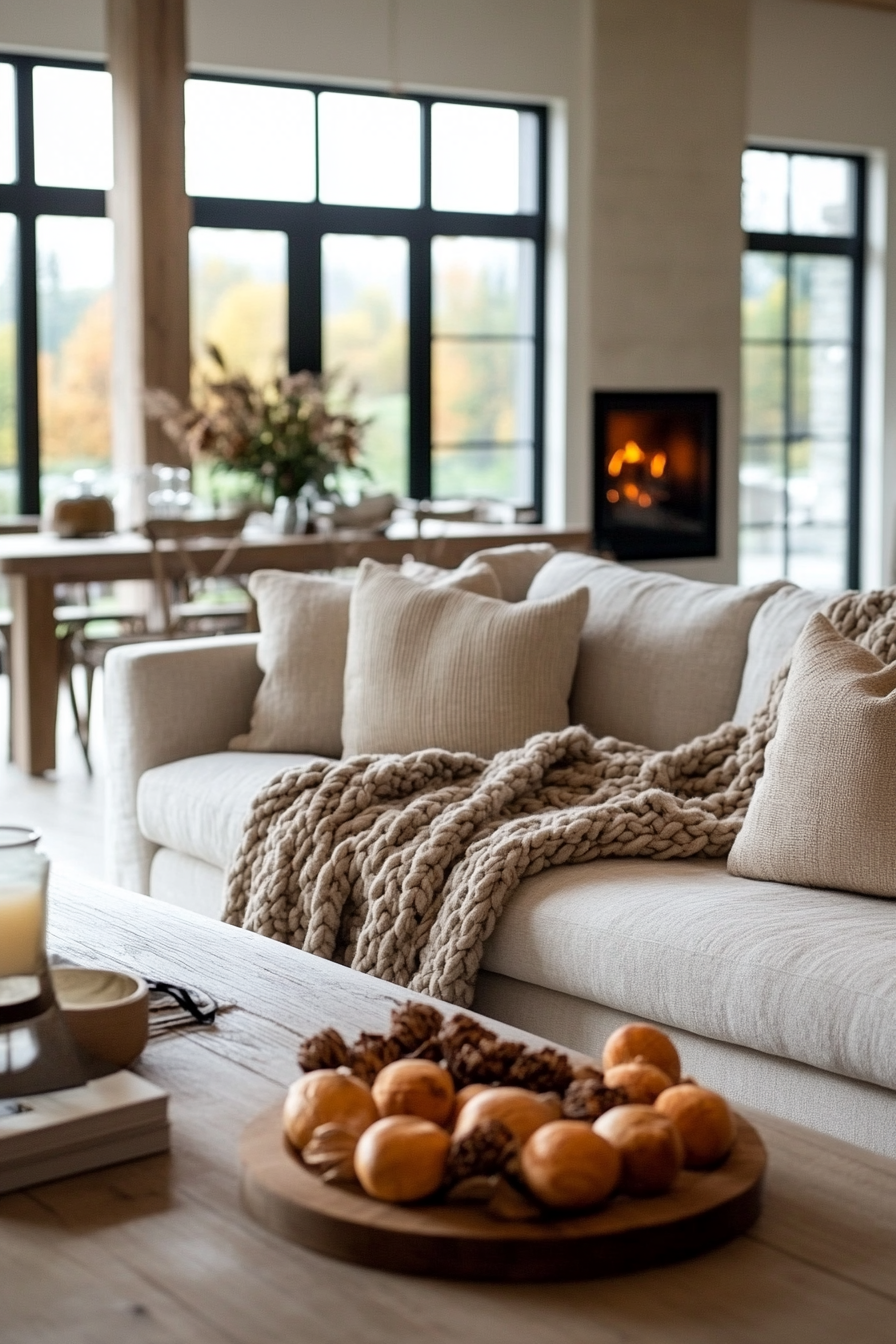 Neutral linen sectional with a cozy chunky knit throw