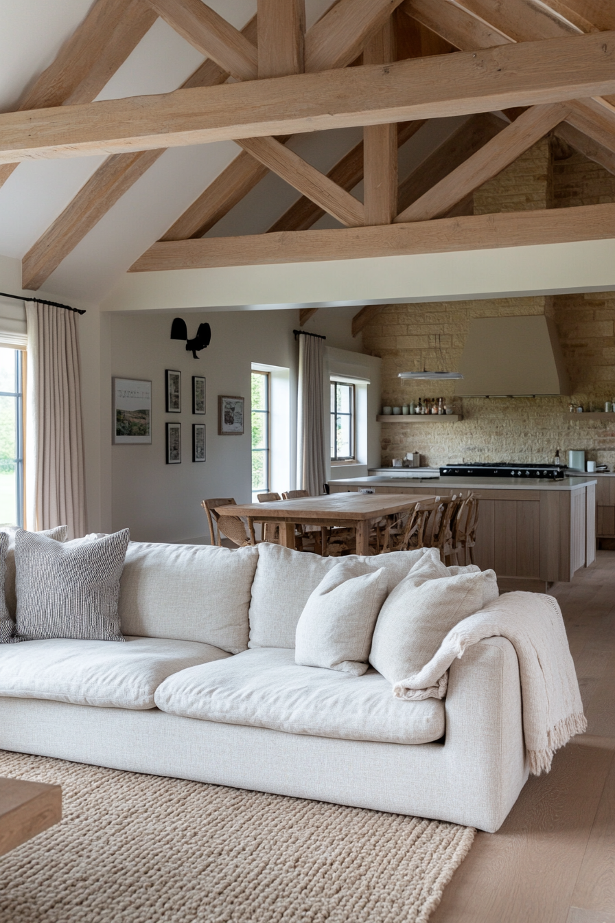 Linen sectional with a chunky knit throw styled for farmhouse charm