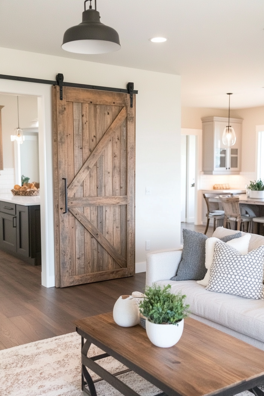Vintage barn door used as a sliding room divider in a farmhouse living room