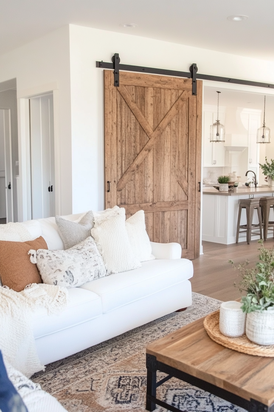 Detailed view of vintage barn door as a sliding room divider
