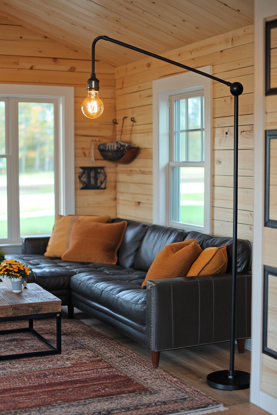 Close-up of Edison bulb floor lamp in farmhouse decor