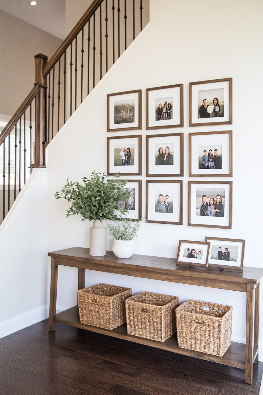 Farmhouse gallery wall featuring black and white photos in rustic frames