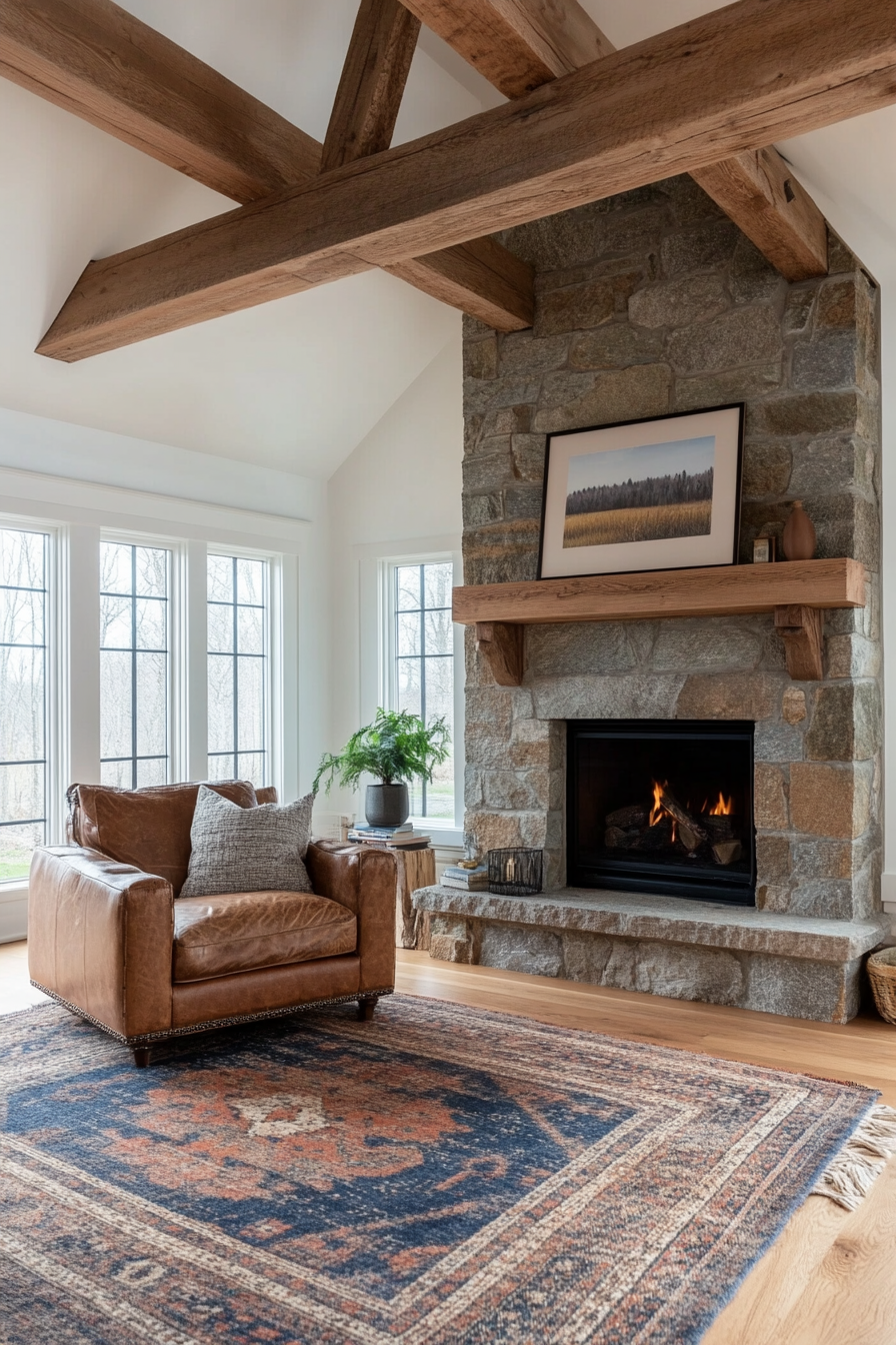 Close-up of distressed leather armchair near stone fireplace