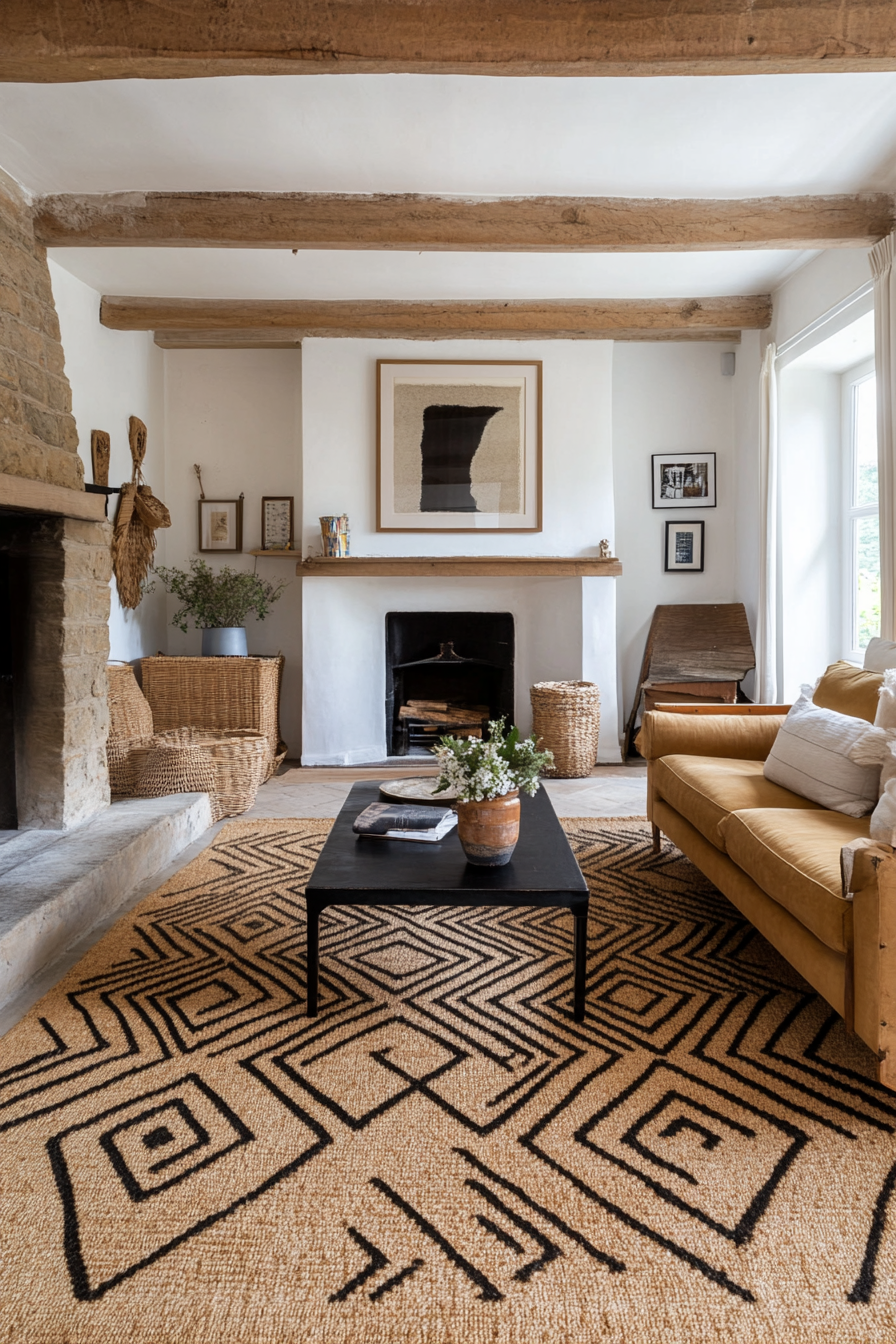 Woven jute rug with a geometric neutral pattern in a farmhouse living room