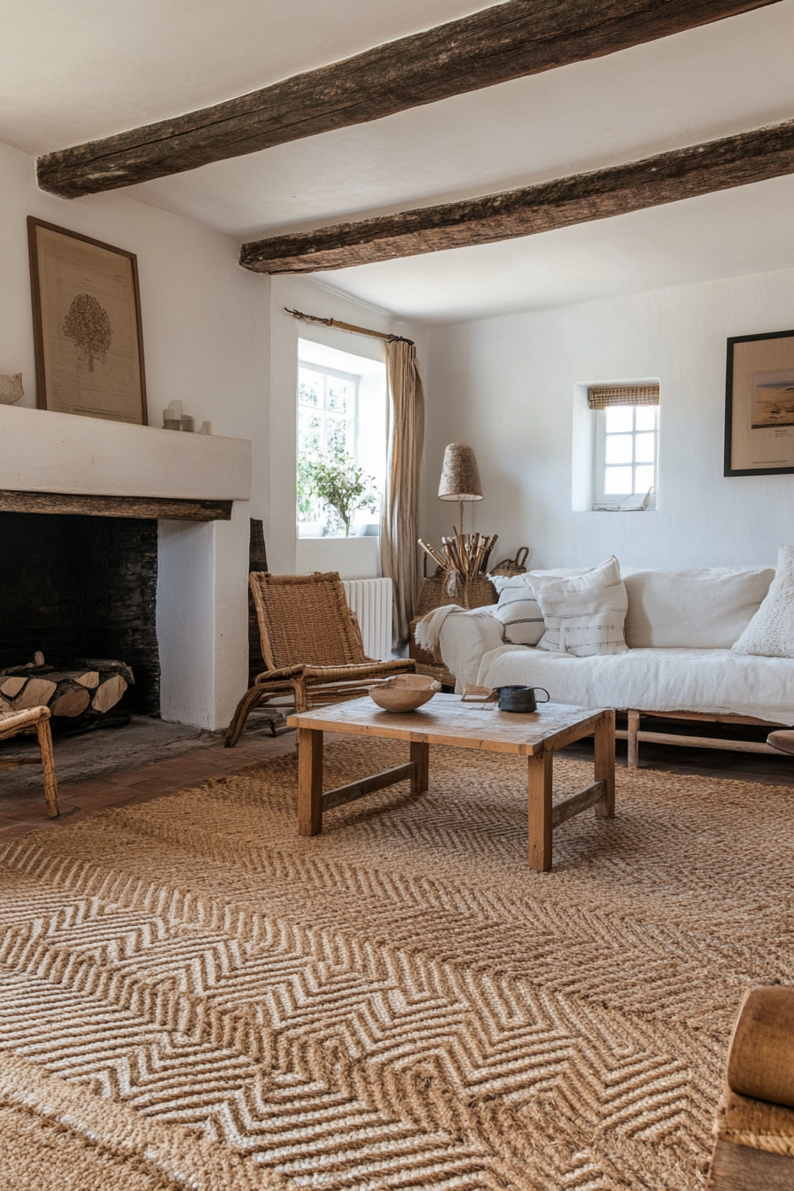 Detail of woven jute rug in farmhouse decor
