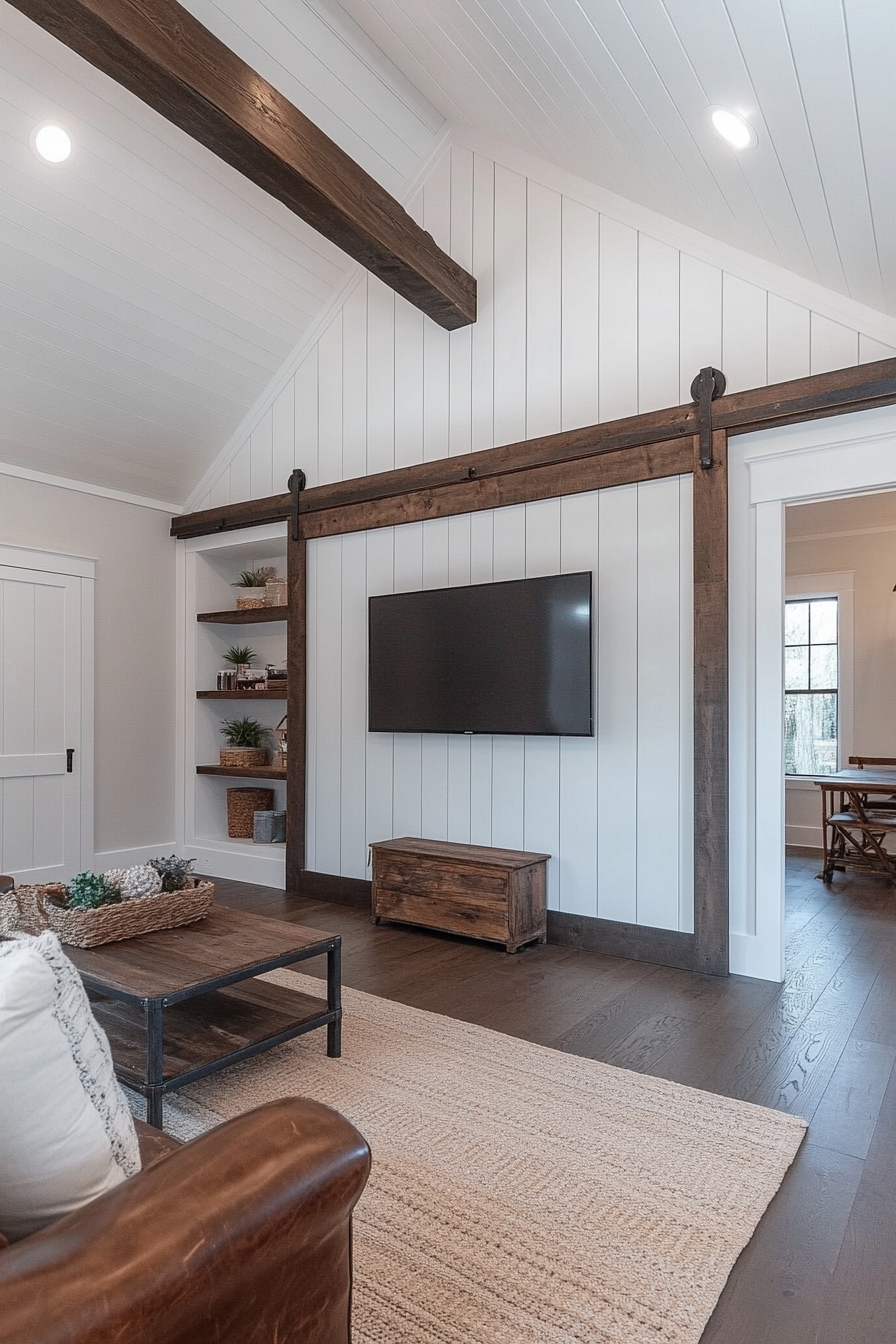 White shiplap accent wall behind television in farmhouse decor