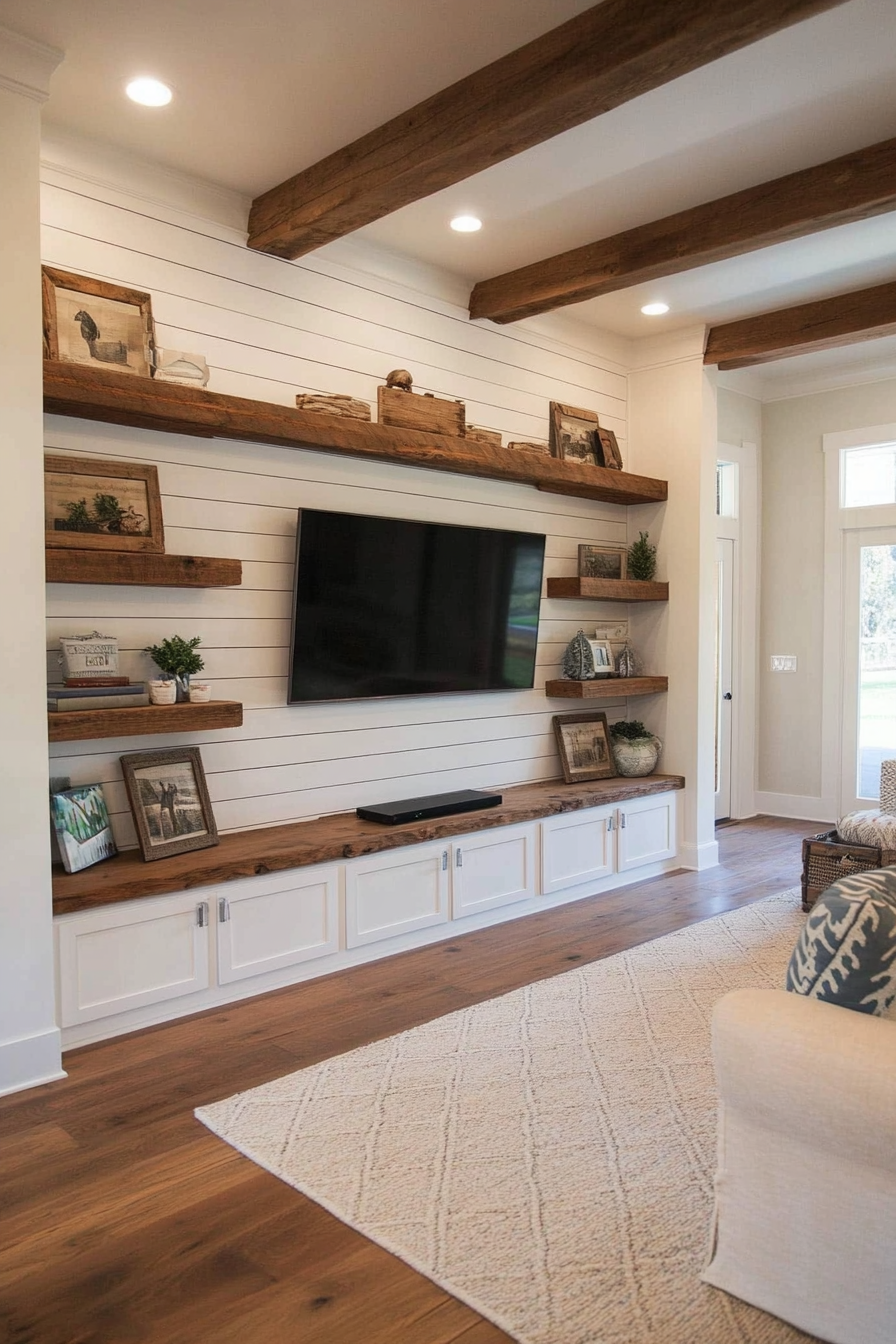 Shiplap accent wall detail with farmhouse decor