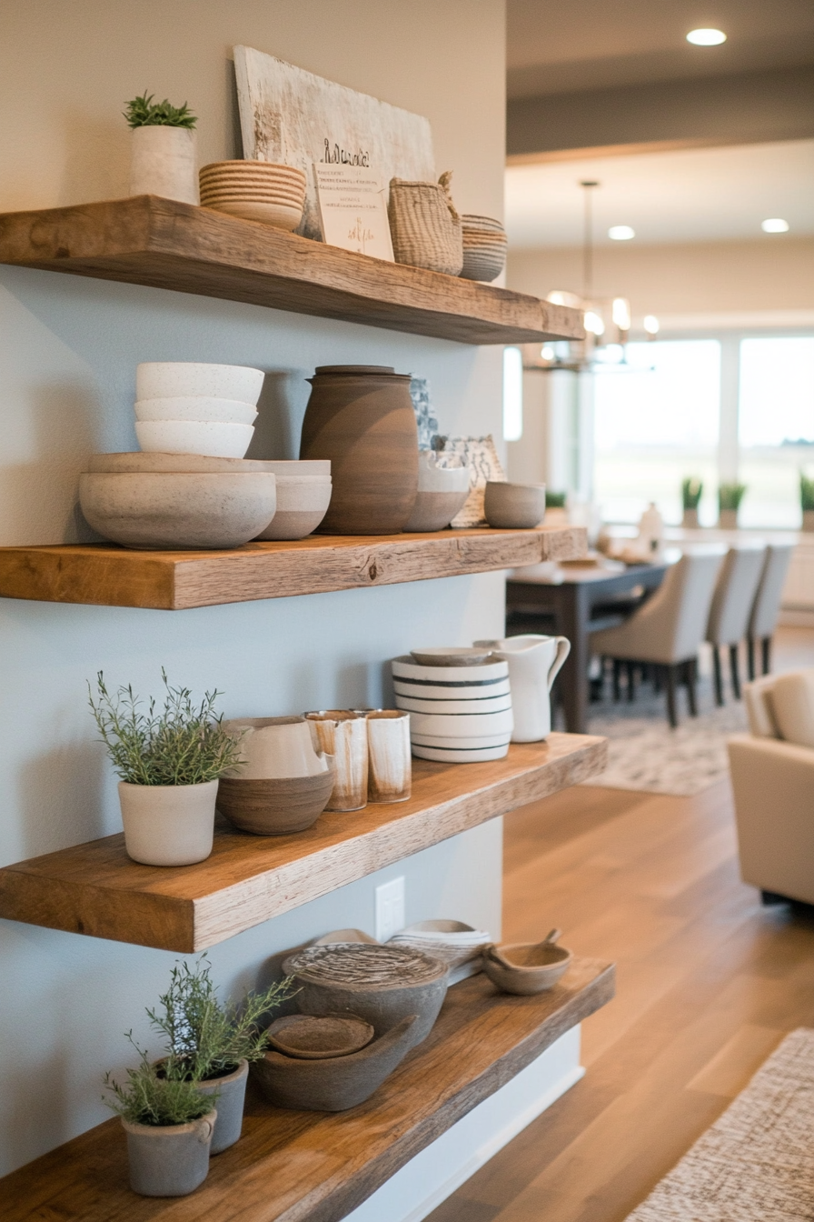 Rustic wooden floating shelves with pottery in a farmhouse living room