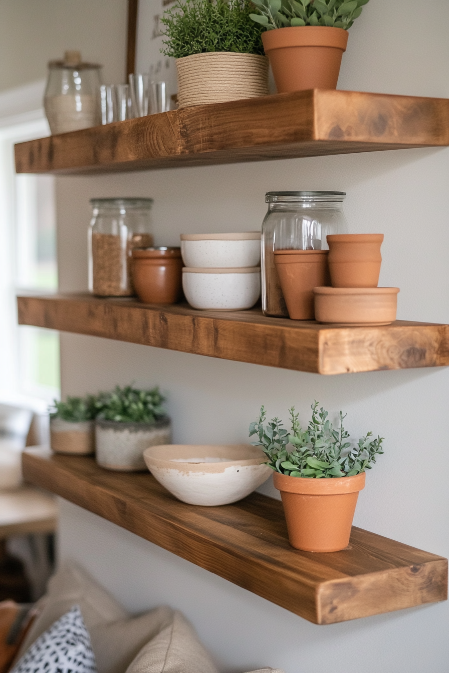 Close-up of rustic wooden floating shelves with pottery